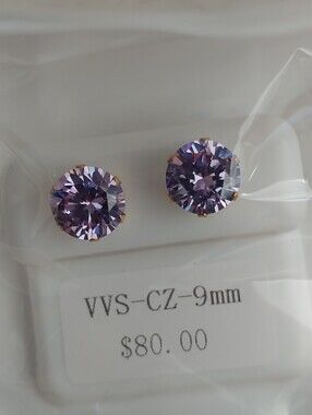 VVS CZ 9mm Purple Cubic Zirconia Stud Earrings - Gold Setting 2